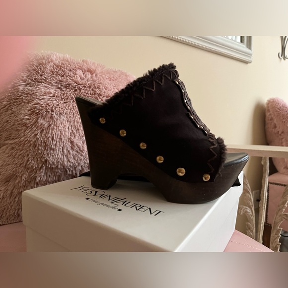 Yves Saint Laurent Shearling & Swede Wooden Vintage Clog🤎 - Picture 2 of 13